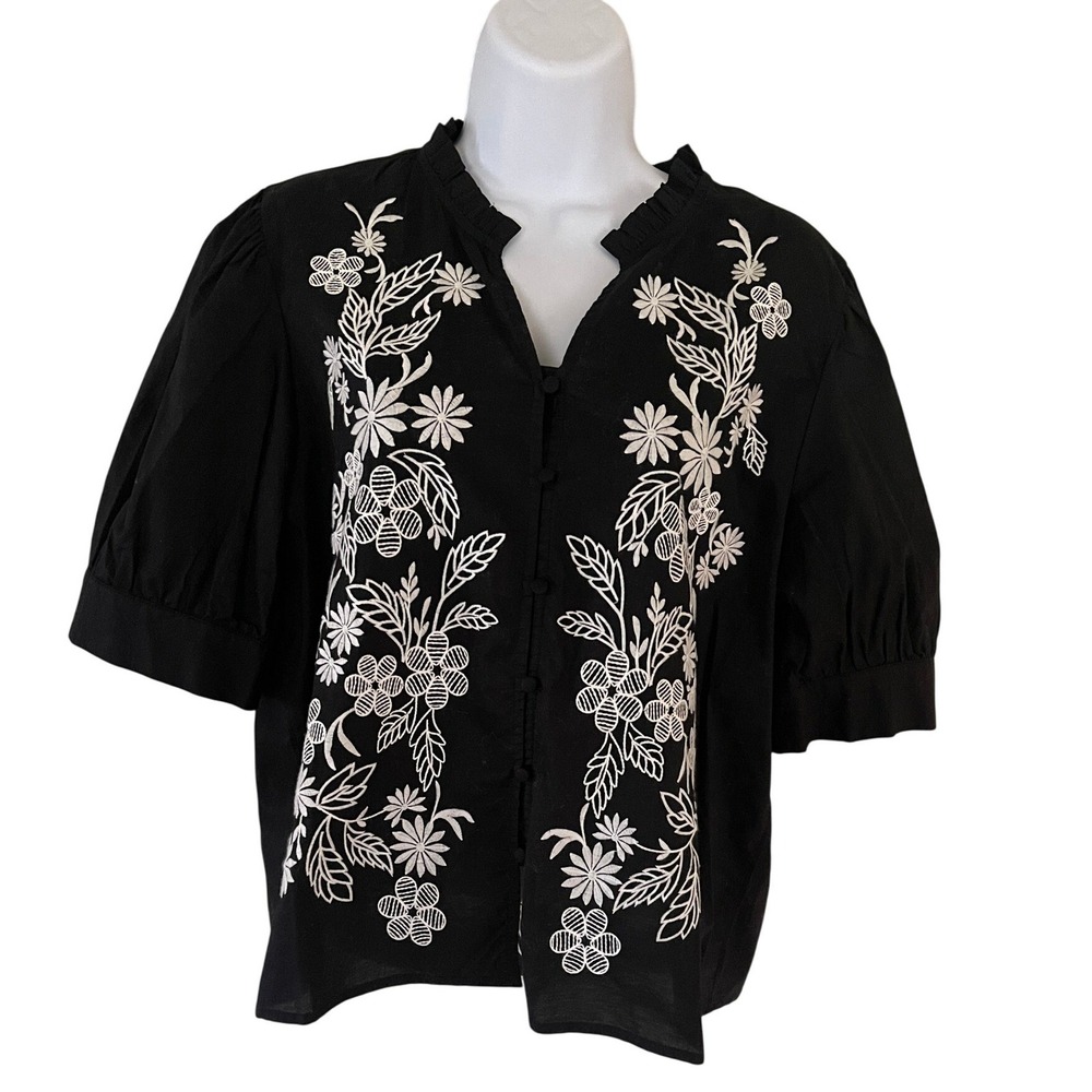 Calypso St Barth Black‎ Embroidered Cotton Blouse Puffy Sleeve NWT Womens Large